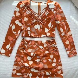 Hallelu Changing Leaves Set Orange Floral 2 Piece Skirt Set Medium NWT